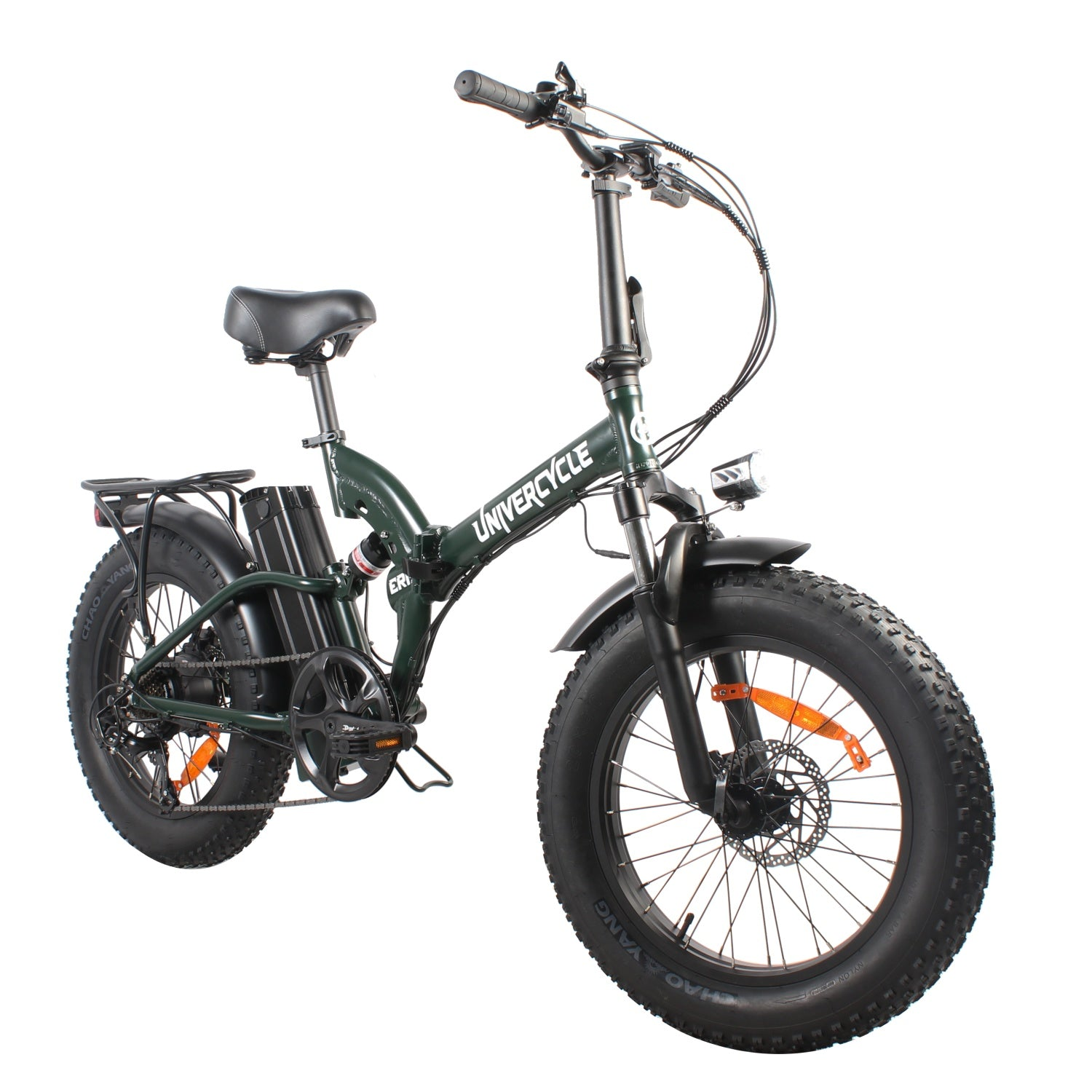 Bicicleta eléctrica plegable verde oscuro con neumáticos anchos.