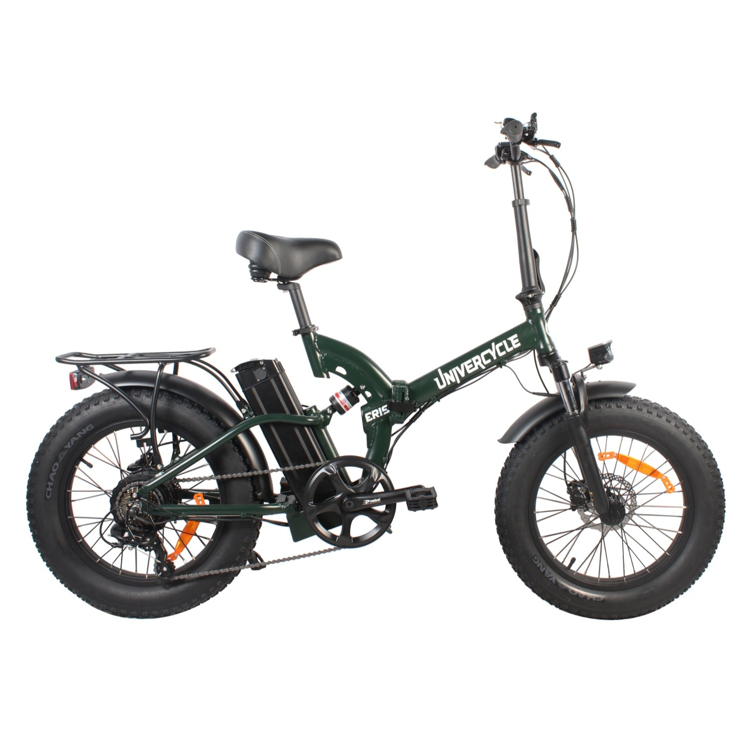 Una bicicleta eléctrica plegable verde oscuro con neumáticos anchos y portaequipajes.