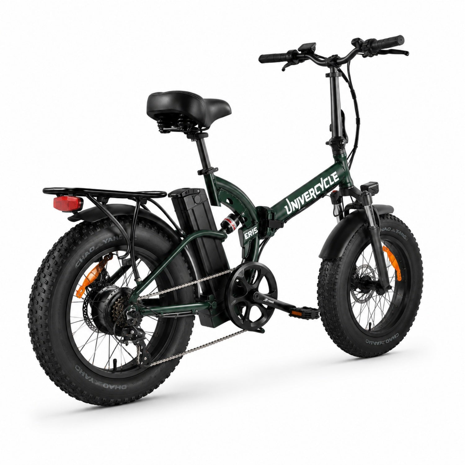 Bicicleta eléctrica plegable verde oscuro con neumáticos anchos, portaequipajes y batería.