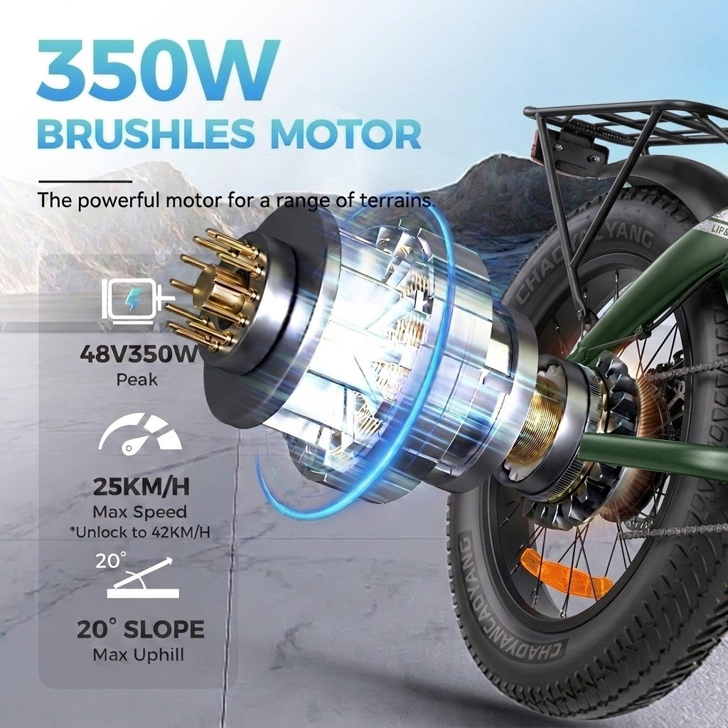 Primer plano del motor sin escobillas de 350W de una bicicleta eléctrica, mostrando especificaciones.