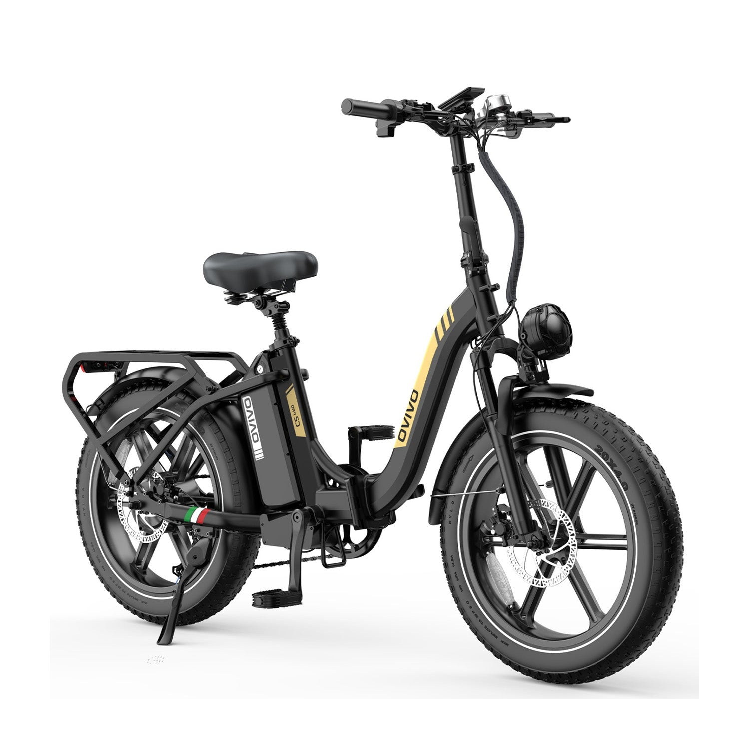 Bicicleta eléctrica negra con neumáticos anchos, portaequipajes, faro y raya amarilla.
