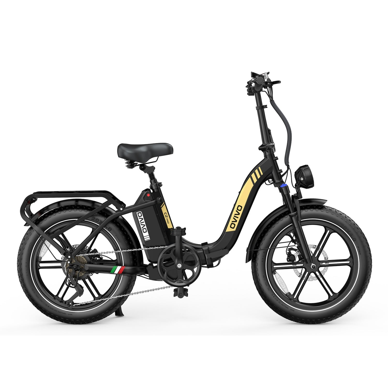 Bicicleta eléctrica negra con neumáticos anchos, portabultos y faro delantero.