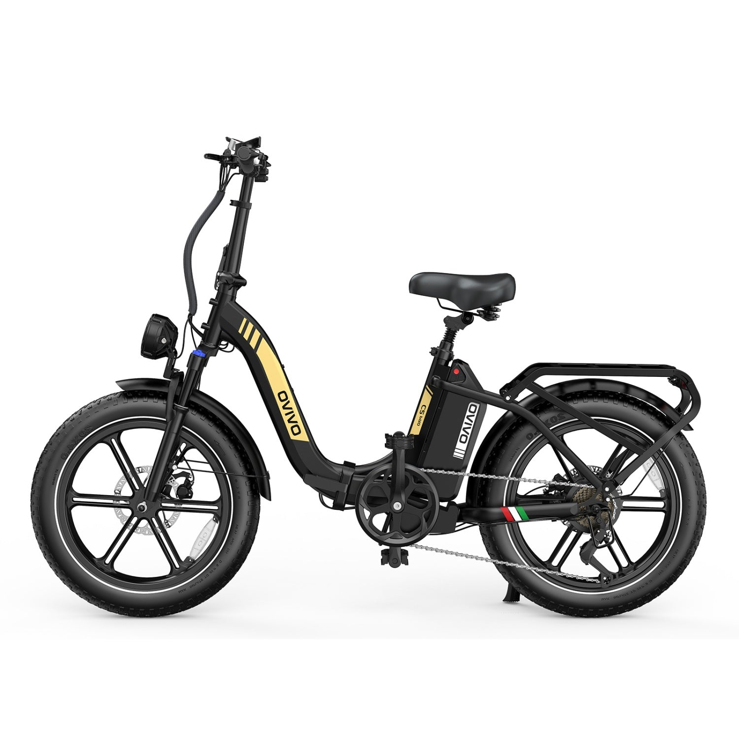 Una bicicleta eléctrica plegable negra con neumáticos anchos, suspensión y portaequipajes.