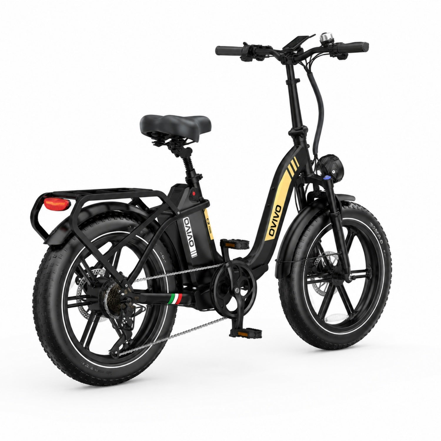 Bicicleta eléctrica negra de rueda ancha con franja amarilla y portabultos.