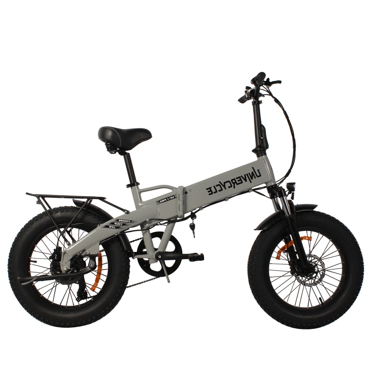 Bicicleta eléctrica plegable gris con neumáticos anchos y portaequipajes.