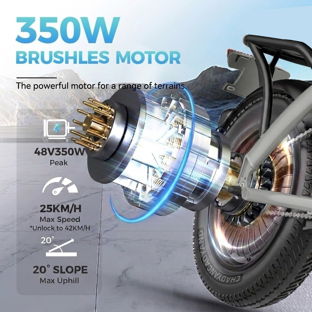 Motor sin escobillas de 350W: 48V 350W Pico, 25km/h Velocidad Máx., Pendiente 20°.