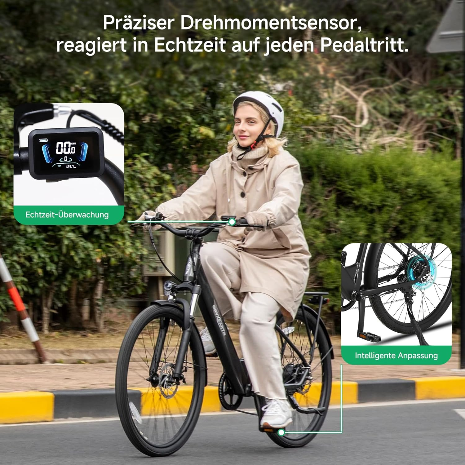 Frau fährt Fahrrad, Display zeigt Geschwindigkeit, E-Bike Hinterrad-Antrieb.