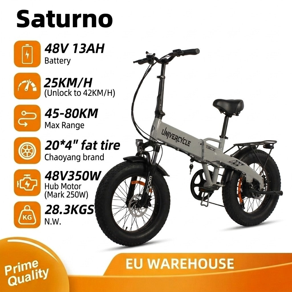 Bicicleta eléctrica plegable gris con neumáticos anchos, batería 48V 13AH, 25KM/H, 45-80KM.