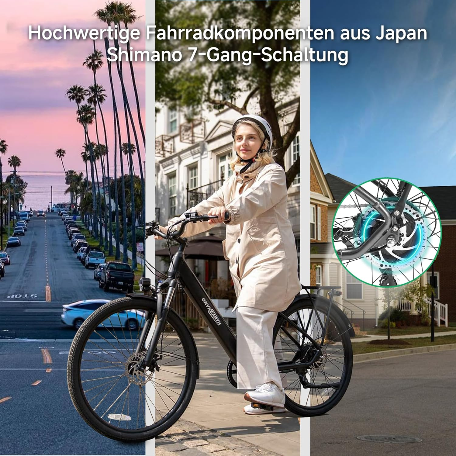 Frau auf einem E-Bike vor Häusern, mit Palmenallee und Fahrradkomponenten-Nahaufnahme.