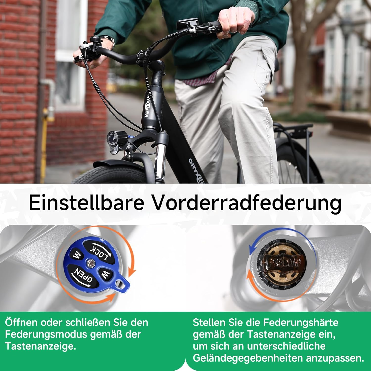 Mann auf Fahrrad mit einstellbarer Vorderradfederung