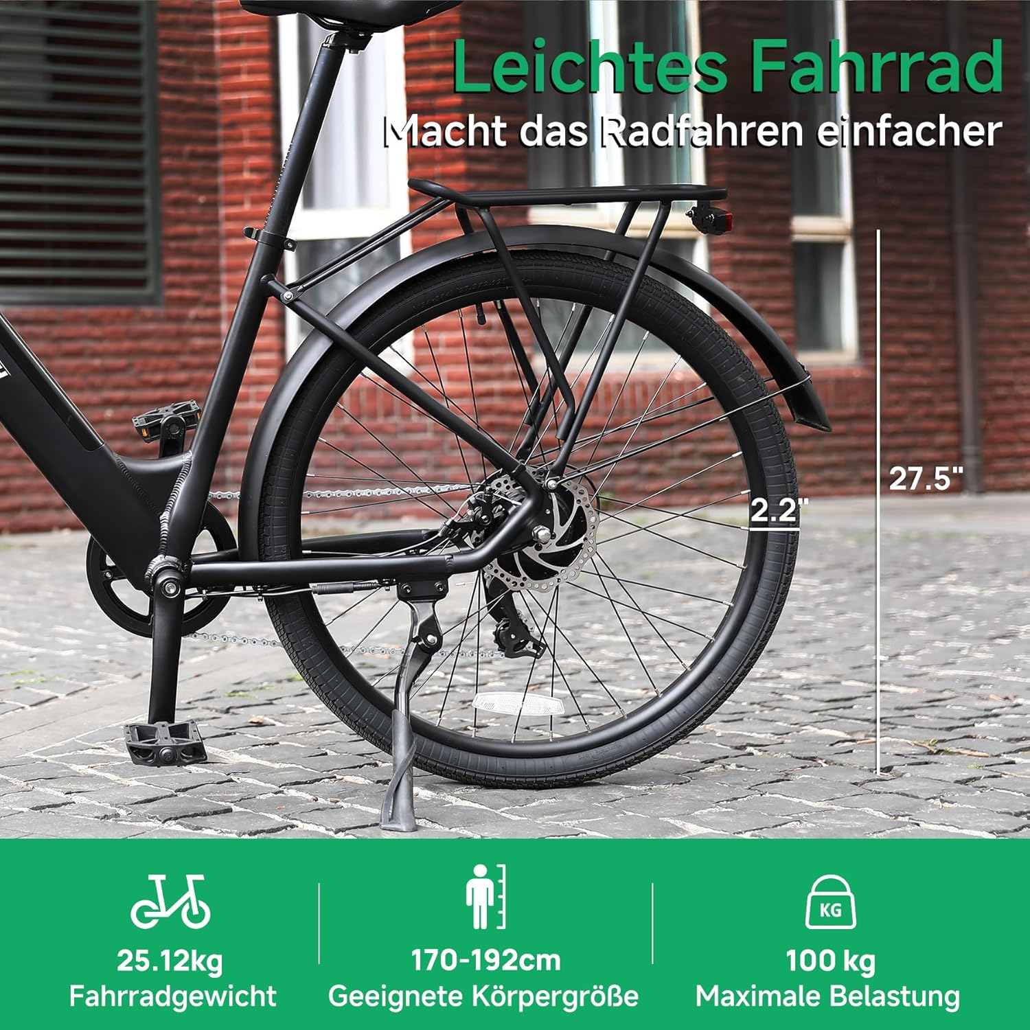 Schwarzes Fahrrad mit Gepäckträger, 27,5-Zoll-Reifen, 2,2 Zoll Breite.