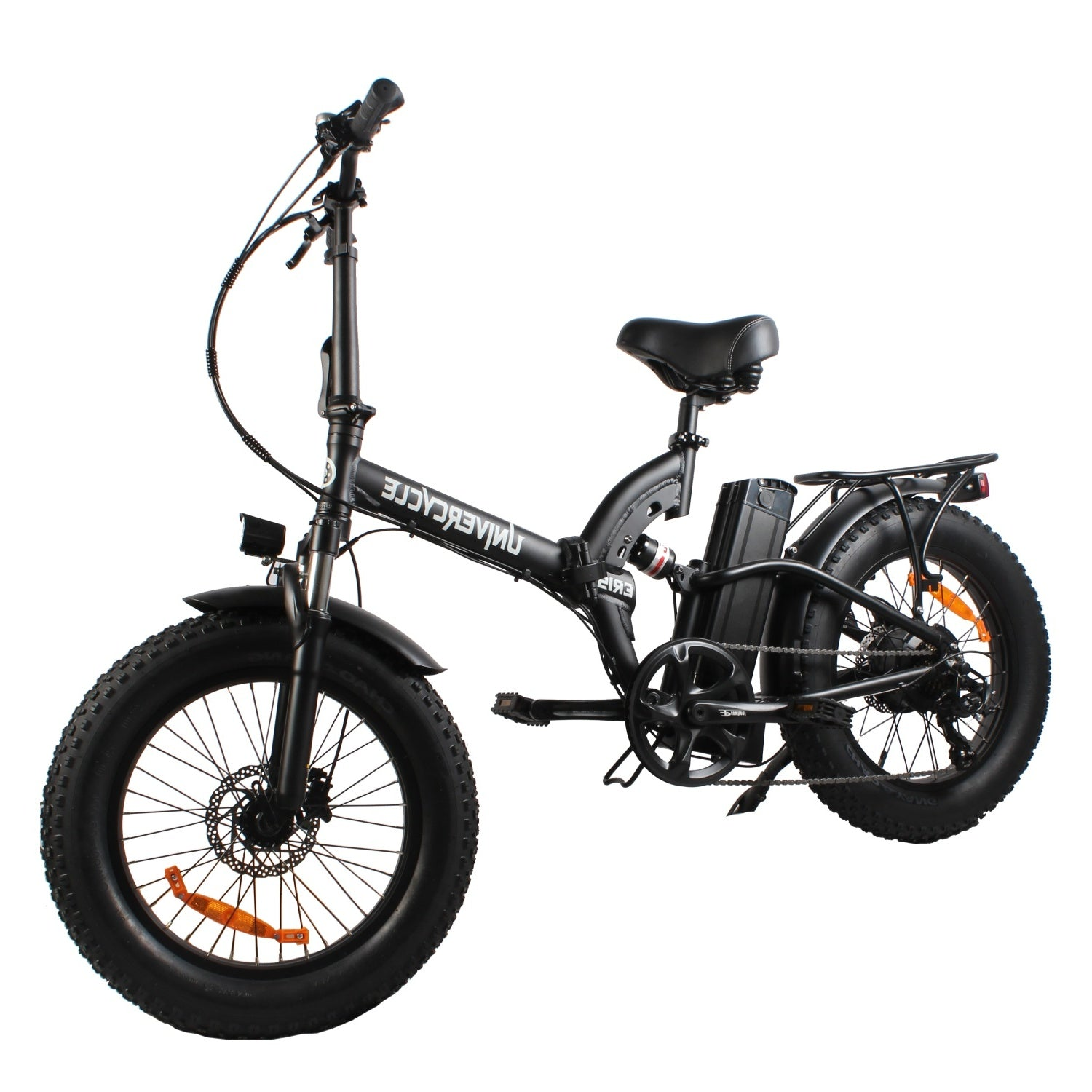 Bicicleta eléctrica plegable negra con neumáticos anchos, portaequipajes y batería.