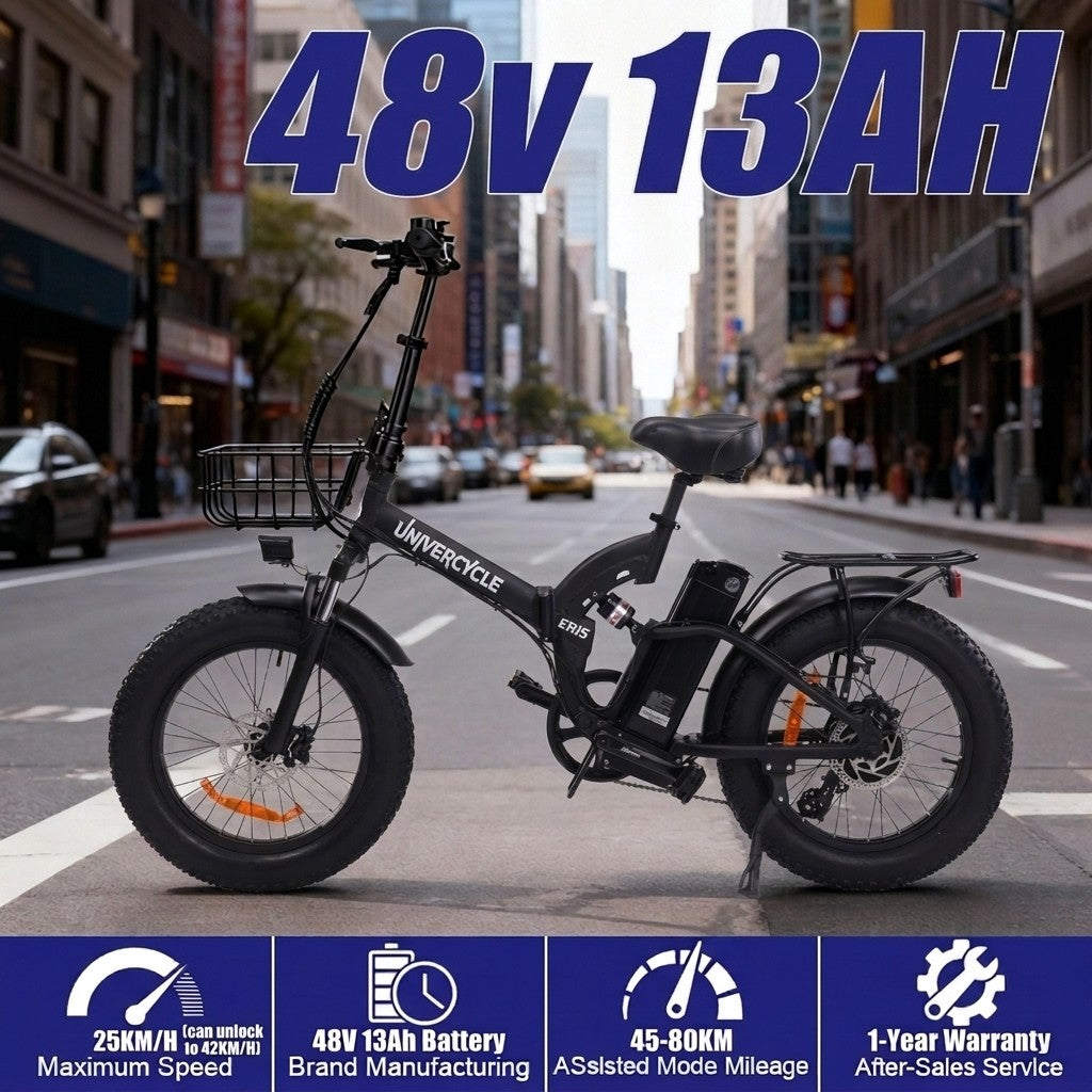 Bicicleta eléctrica negra con cesta, 48V 13AH, en calle urbana.