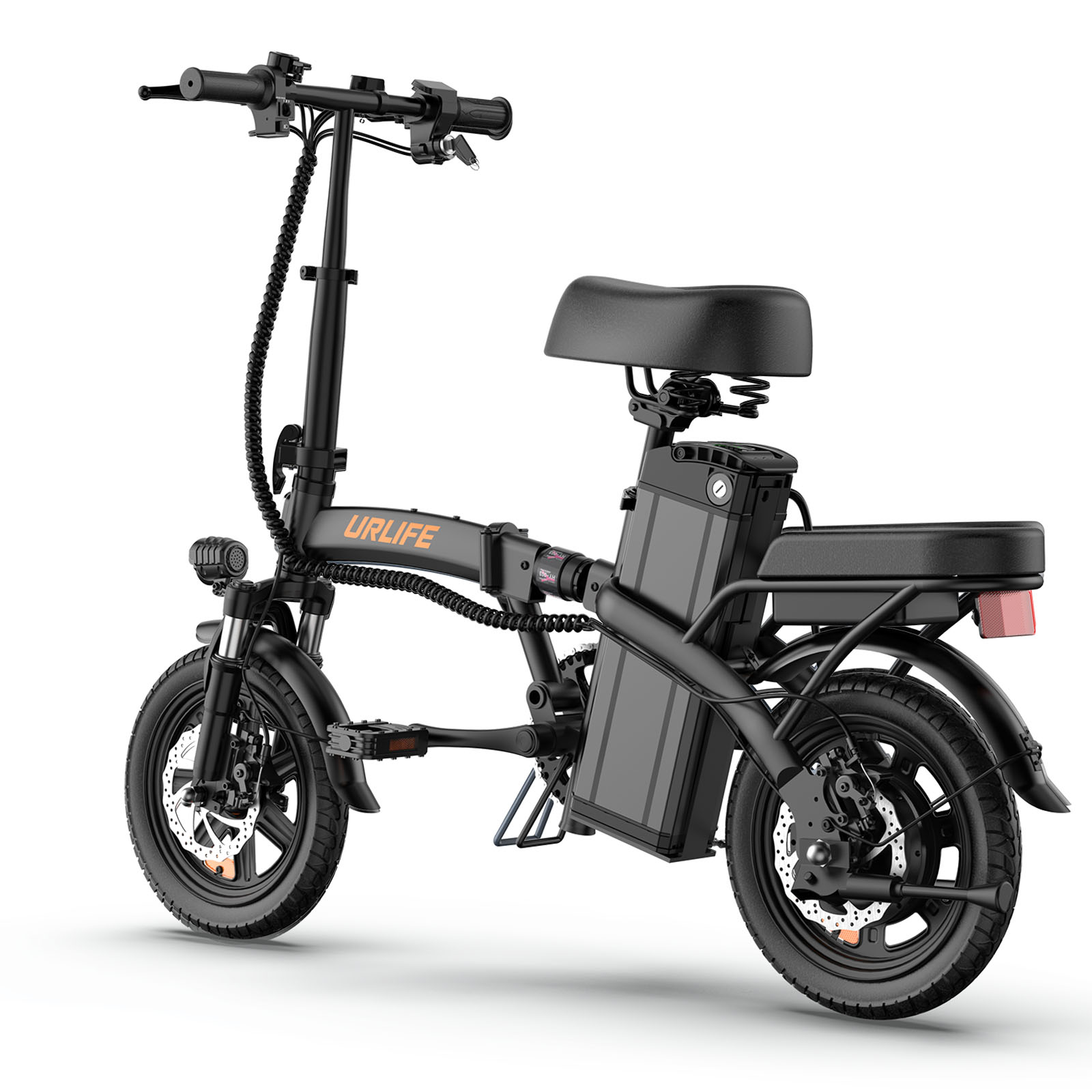Bicicleta eléctrica plegable negra con batería, sillín, manillar y ruedas.