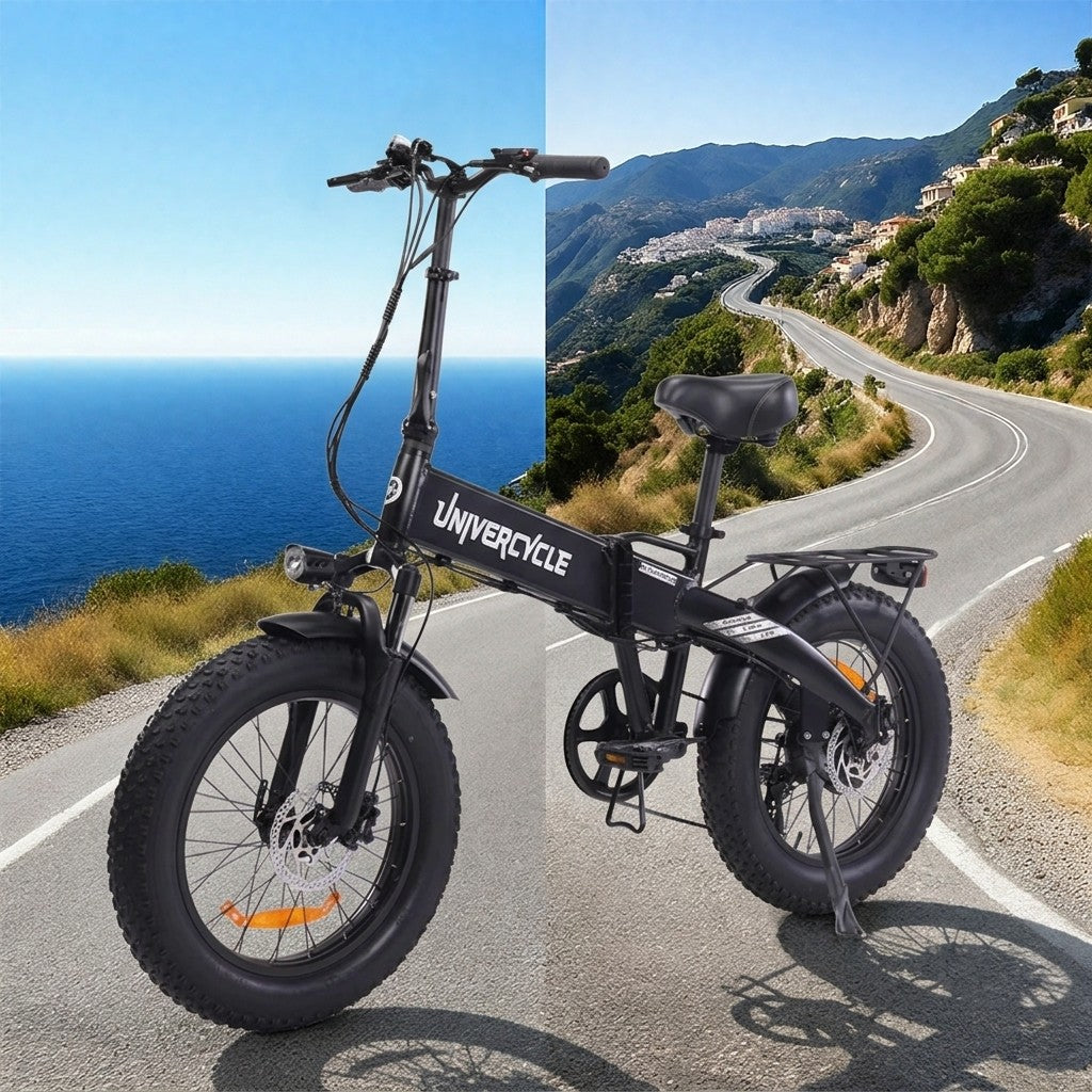 Bicicleta plegable negra junto al mar y en carretera de montaña con pueblo.