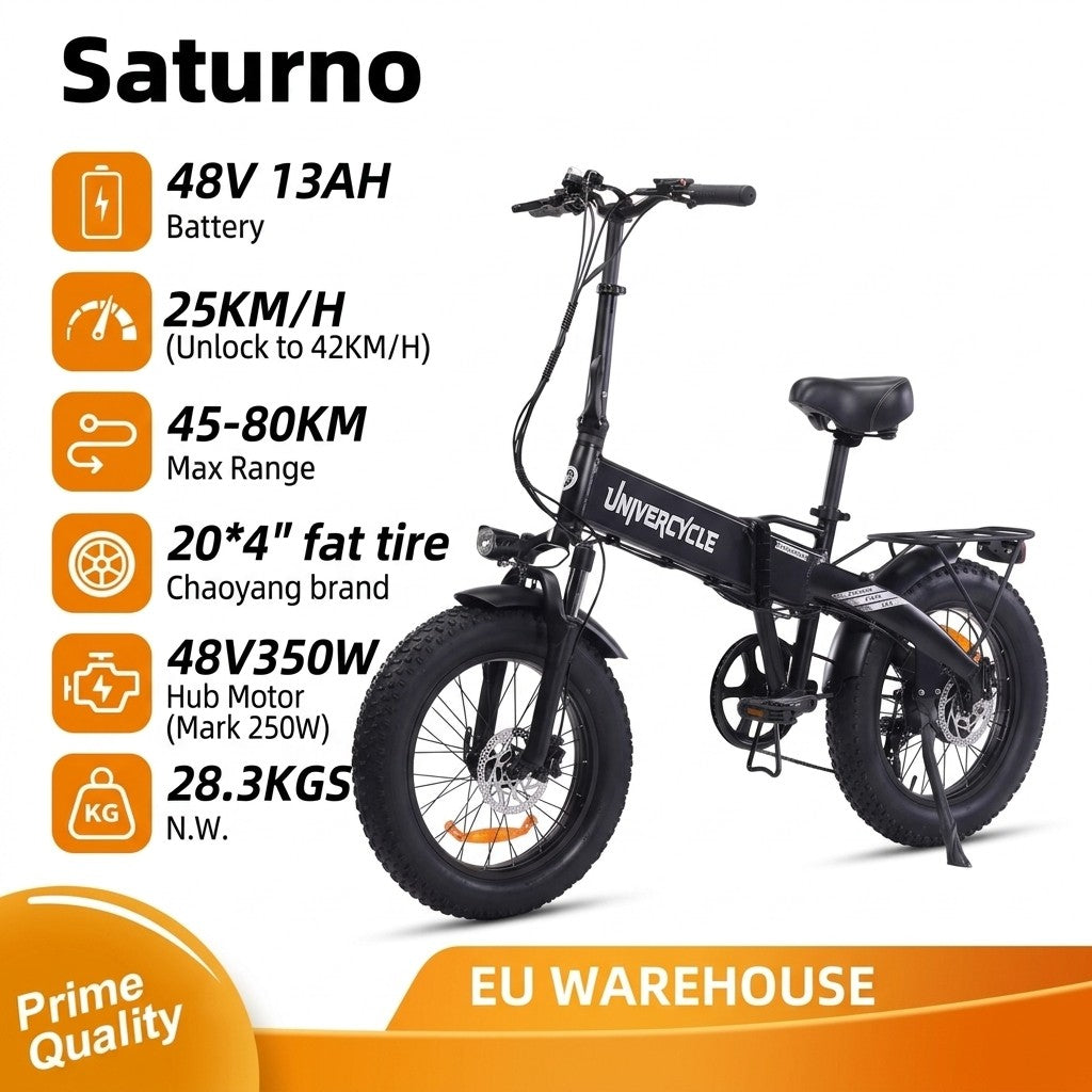 Bicicleta eléctrica plegable negra de llantas anchas, batería 48V, 25 km/h.