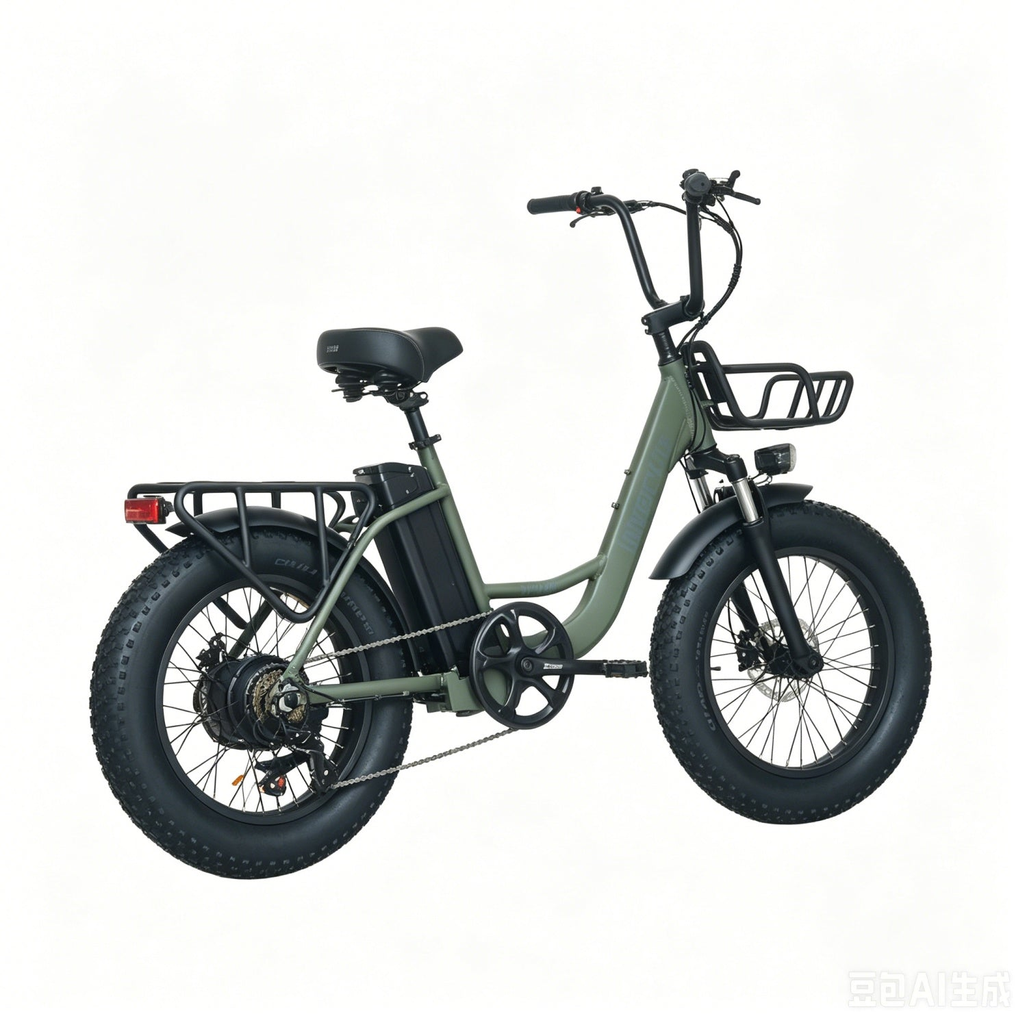 Bicicleta eléctrica verde de llantas anchas con portaequipajes delantero y trasero.