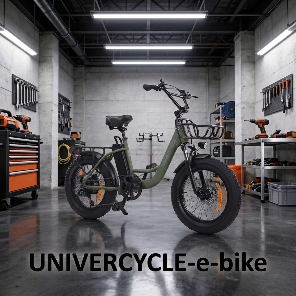 Bicicleta eléctrica verde con neumáticos anchos en un taller.