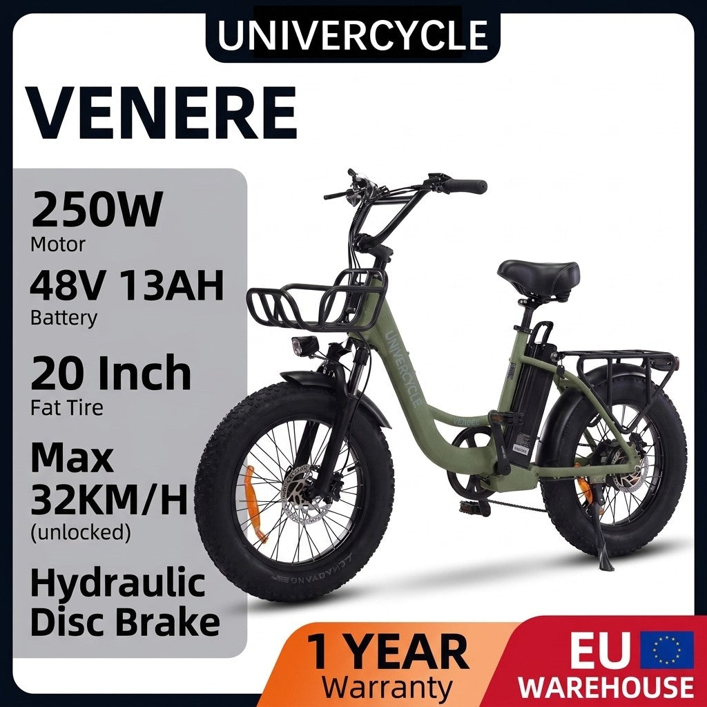 Bicicleta eléctrica verde UNIVERCCYCLE VENERE con neumáticos anchos de 20 pulgadas y cesta.