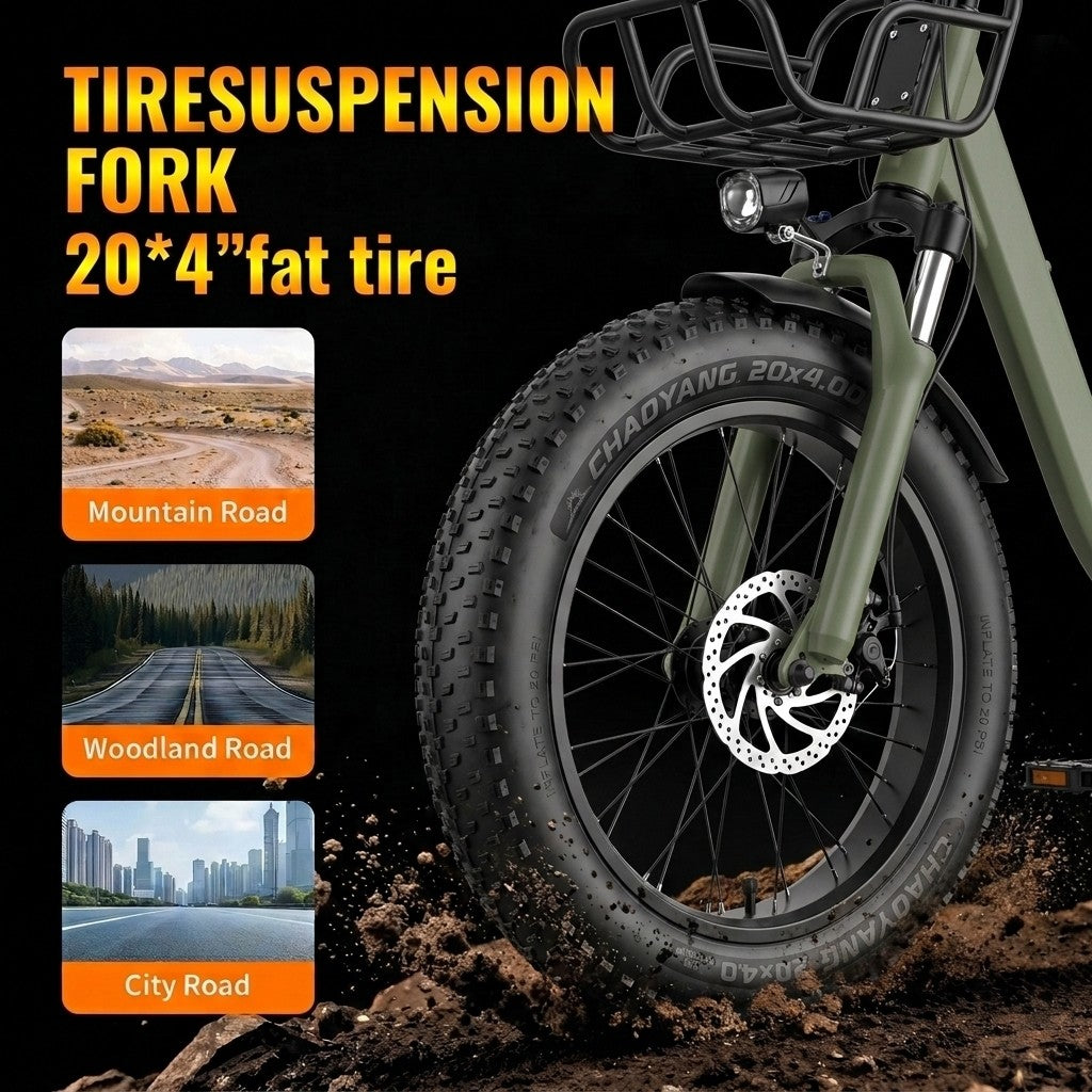 Primer plano de e-bike verde con rueda ancha, horquilla y cesta. Inserciones muestran carreteras de montaña, bosque y ciudad.