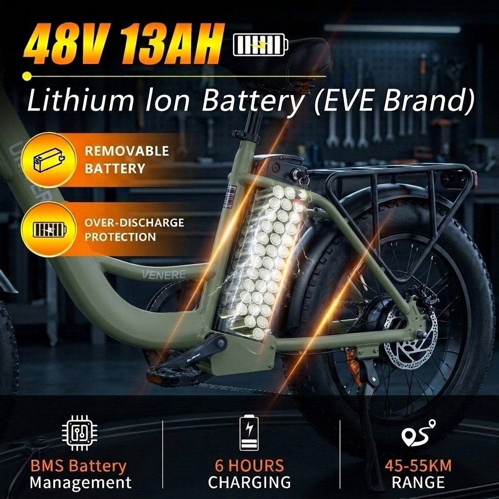 Batería de e-bike verde de 48V 13AH, extraíble, con protección contra sobredescarga.