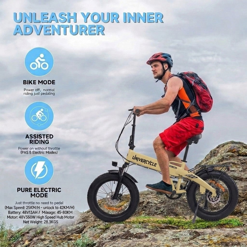 Hombre monta e-bike beige en terreno rocoso. Texto promueve la aventura.