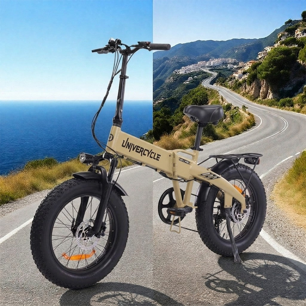 Una bicicleta eléctrica de llantas anchas color canela se muestra contra un fondo dividido de mar y carretera de montaña.