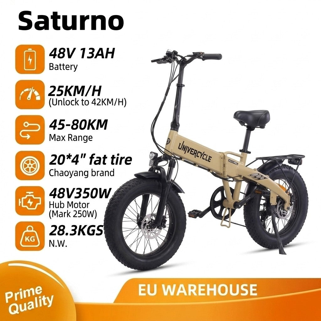 Una bicicleta eléctrica plegable beige de llantas anchas con especificaciones.
