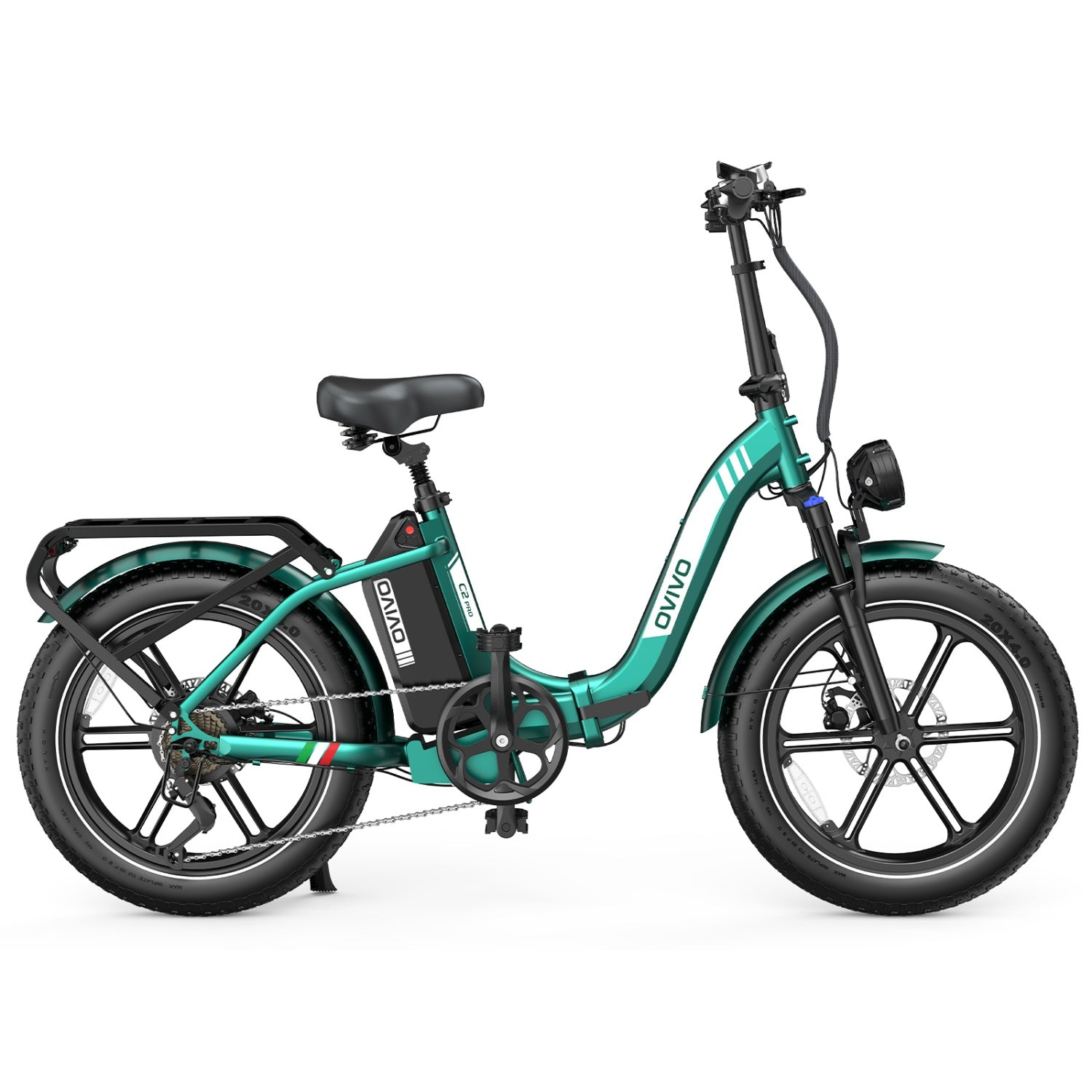 Una bicicleta eléctrica OVIVO C2 PRO verde de llantas anchas con sillín y portaequipajes negros.