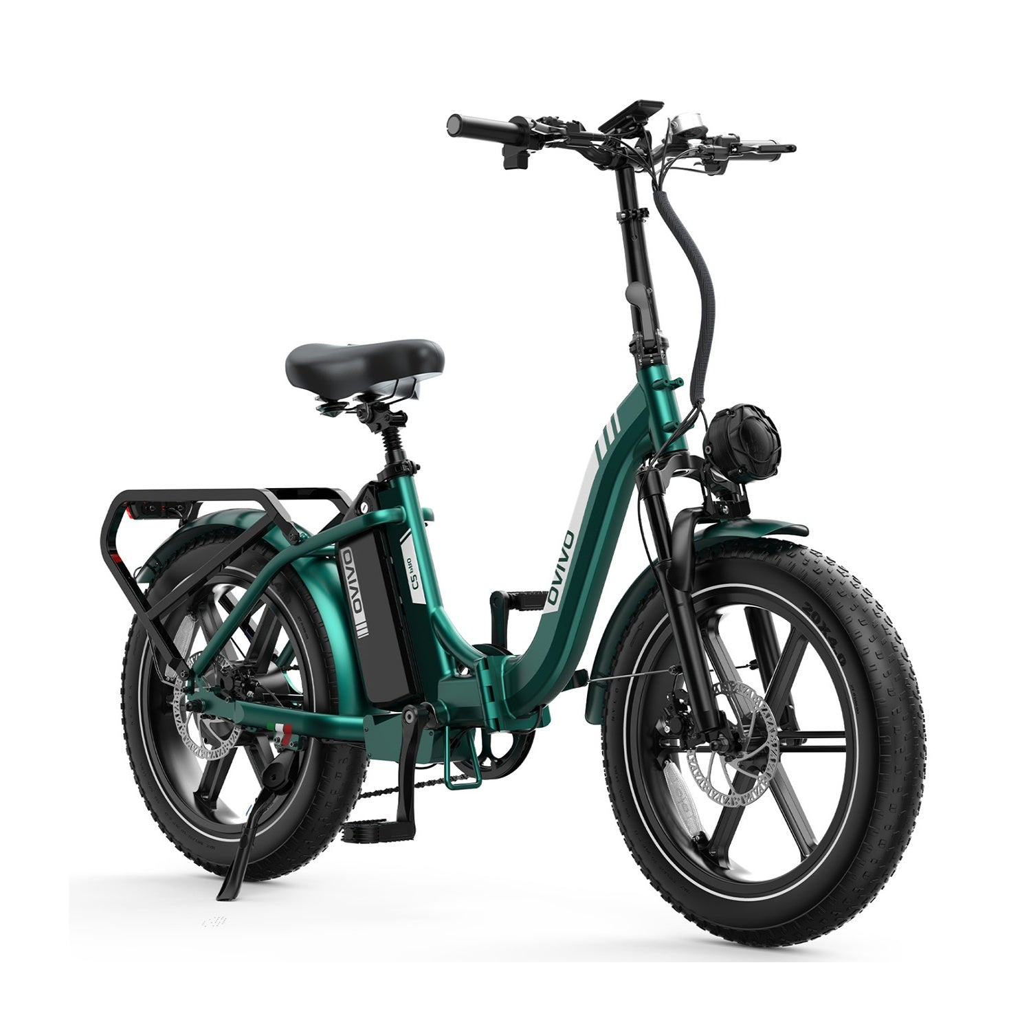 Una bicicleta eléctrica verde con neumáticos anchos, portaequipajes y faro.
