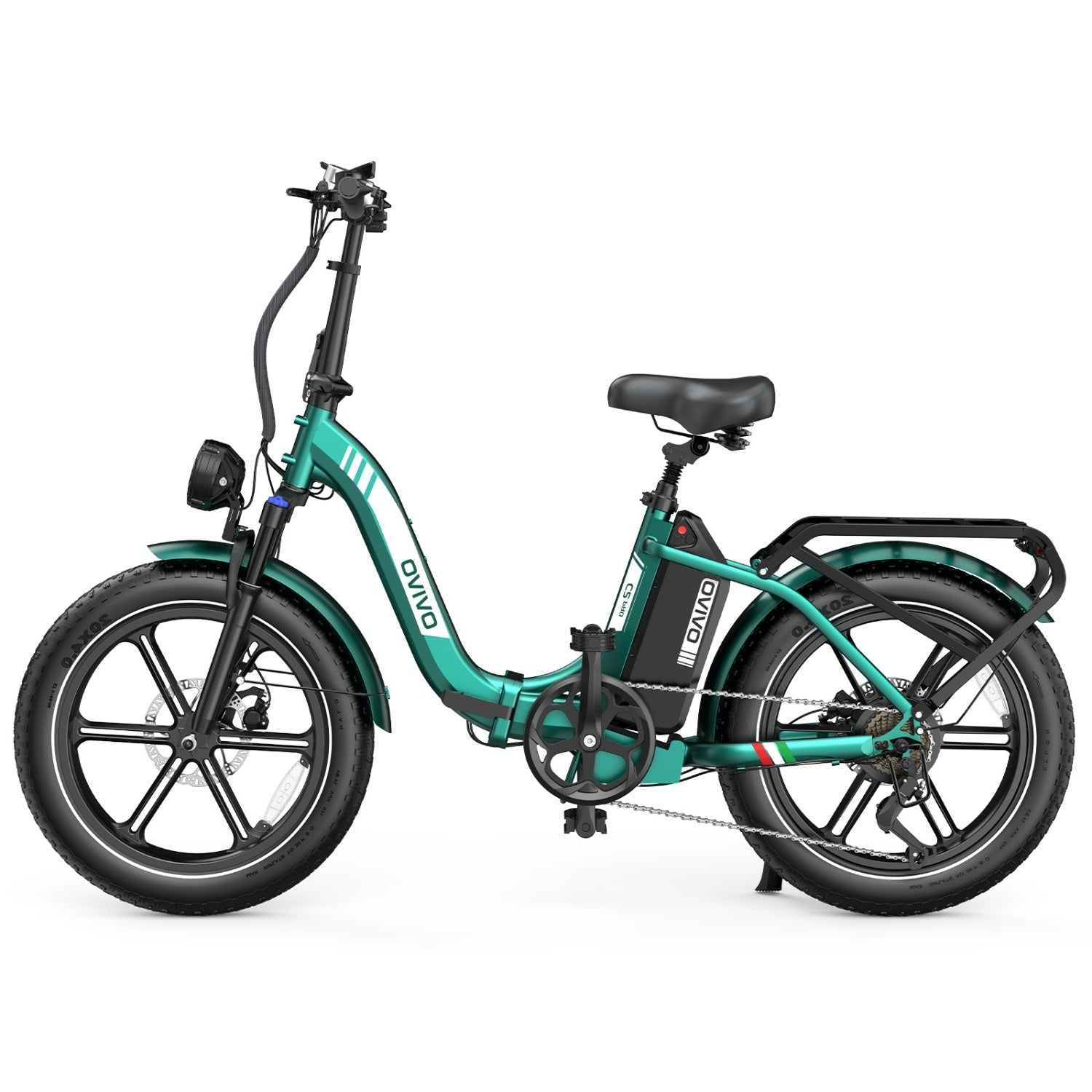 Una bicicleta eléctrica plegable verde azulado con ruedas negras, llantas y asiento.