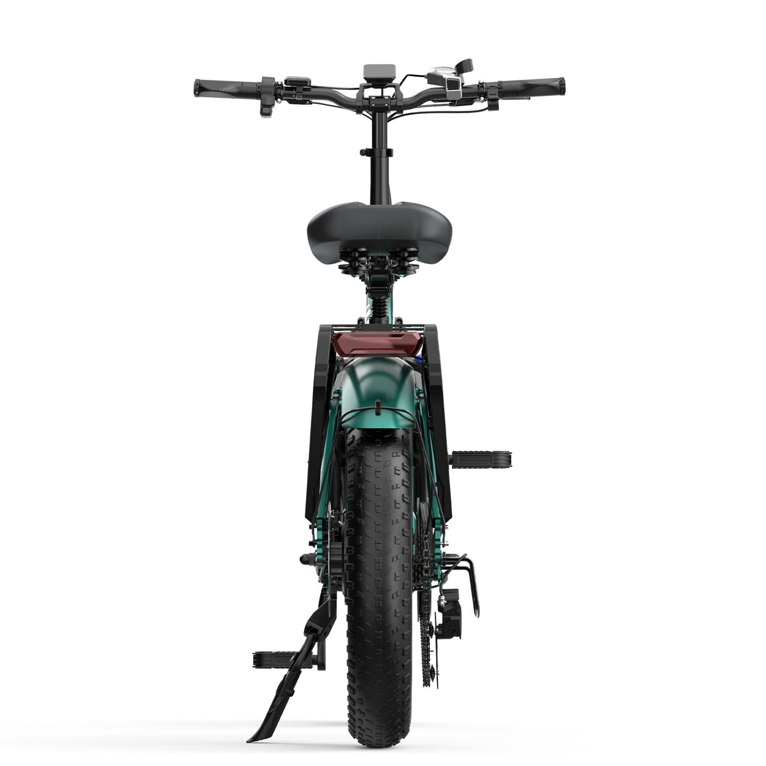 Vista trasera de una bicicleta eléctrica verde oscuro con neumáticos anchos y sillín negro.
