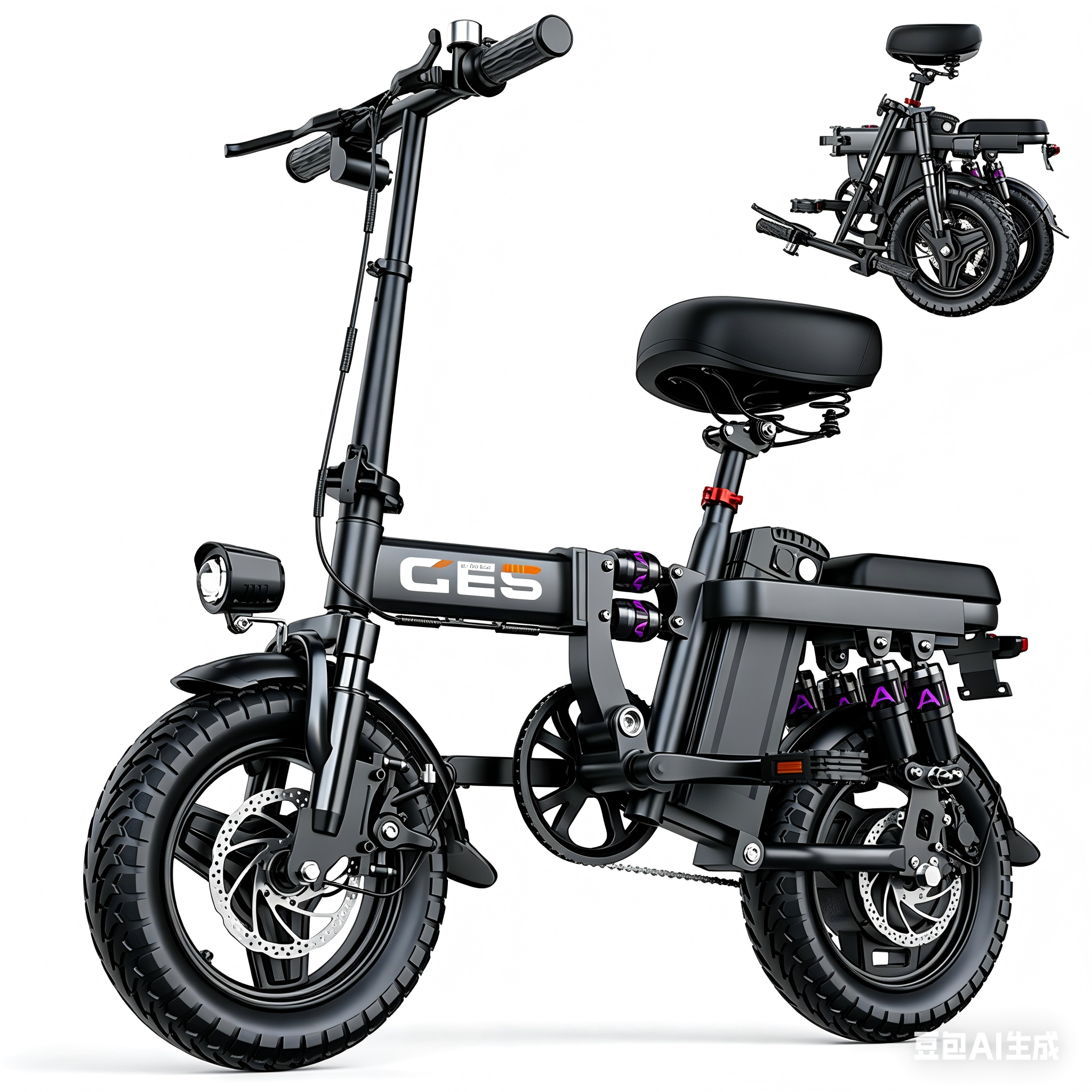 Ein schwarzes faltbares E-Bike mit breiten Reifen und Federung.