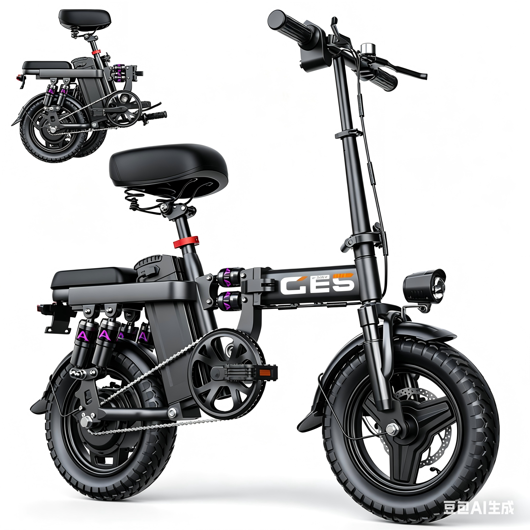 Ein schwarzes faltbares E-Bike mit lila Akzenten und breiten Reifen.