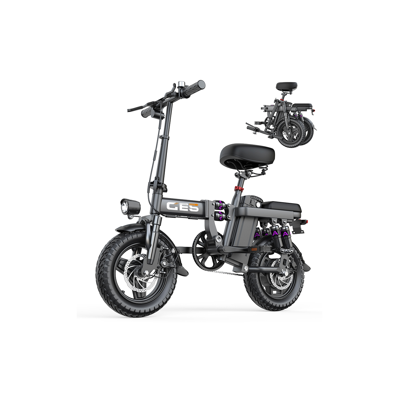 Ein graues faltbares Elektrofahrrad mit Scheinwerfer und einem kleinen gefalteten Fahrrad dahinter.