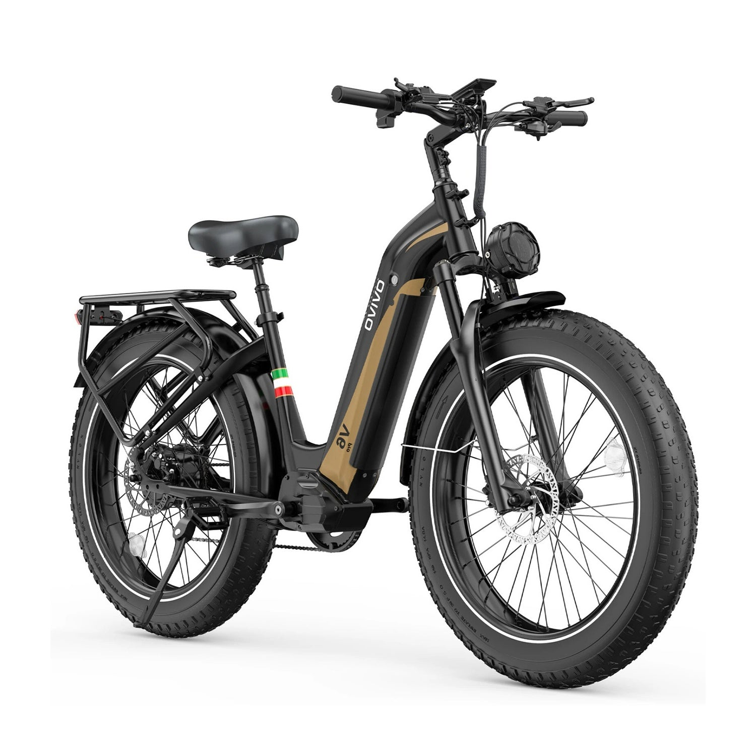 Bicicleta eléctrica negra OVIVO de llantas anchas con portaequipajes y luz delantera.