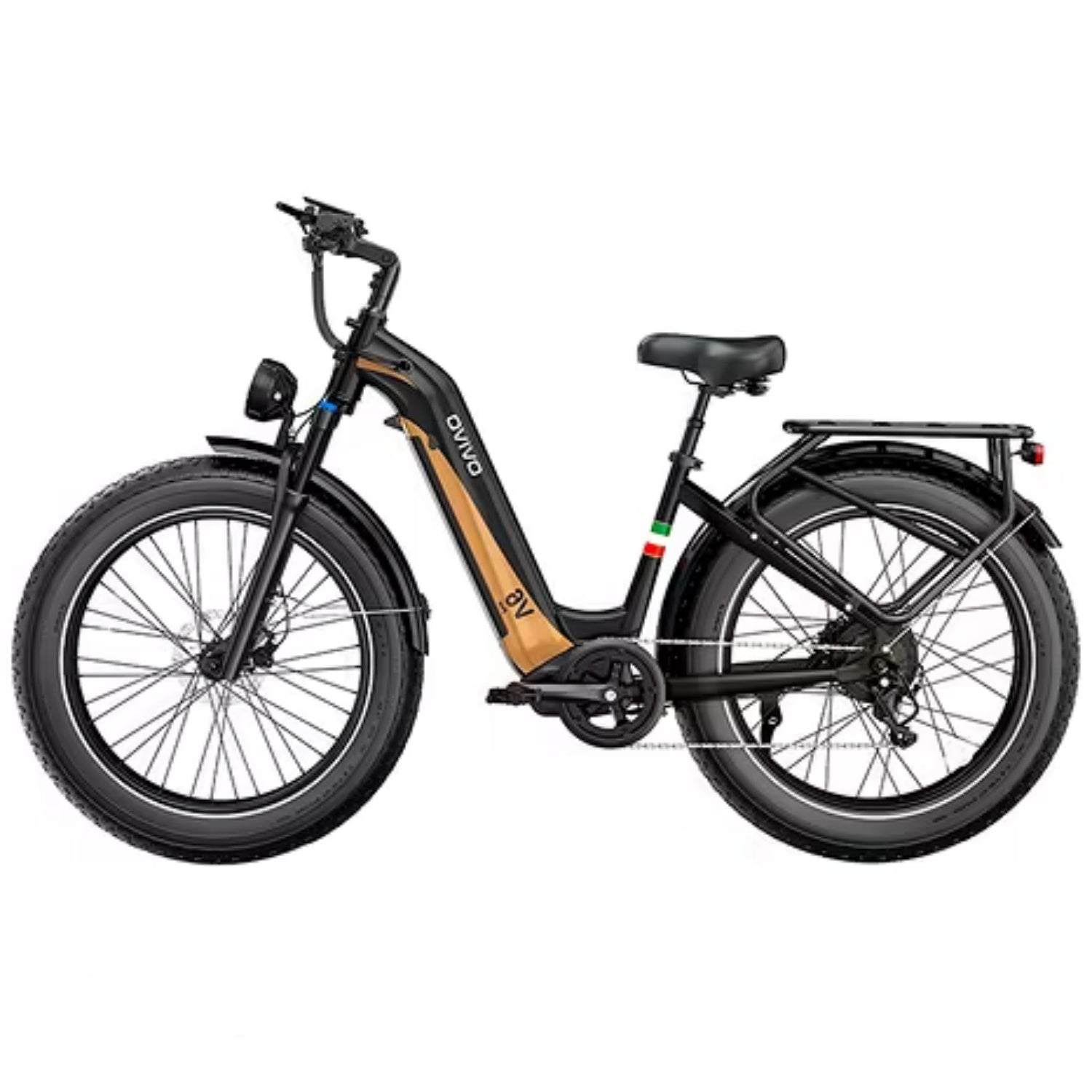 Bicicleta eléctrica negra con neumáticos anchos, detalles marrones y portabultos.
