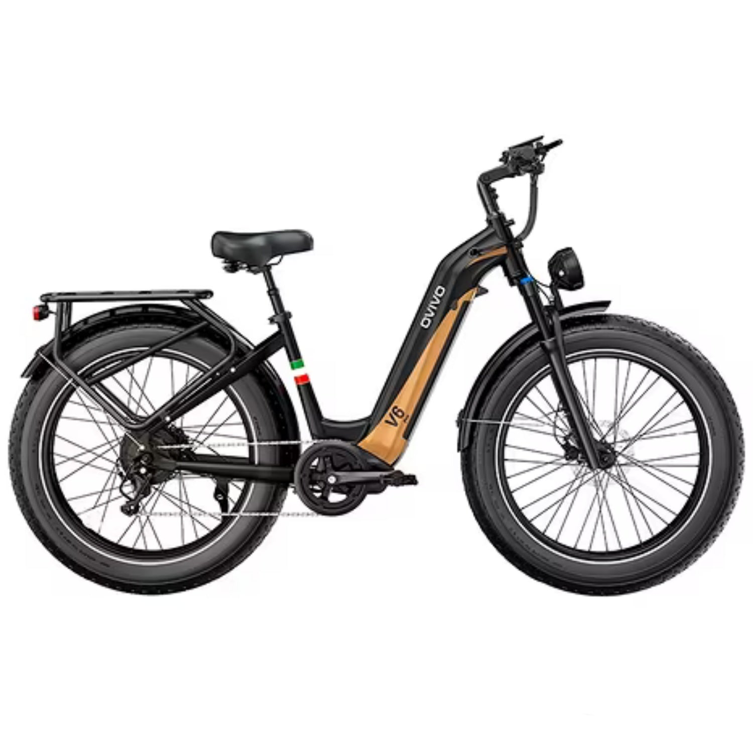 Bicicleta eléctrica negra con neumáticos anchos, portaequipajes y detalles marrones.