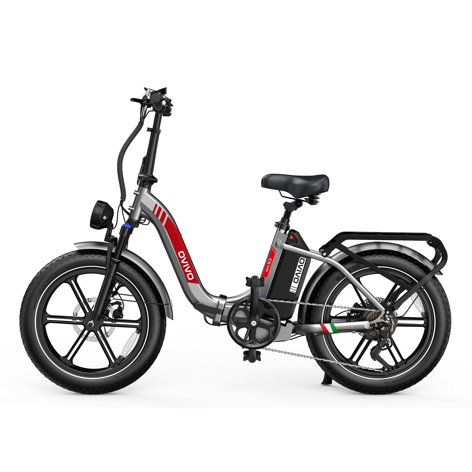Bicicleta eléctrica plegable gris con neumáticos anchos, sillín negro y portaequipajes.