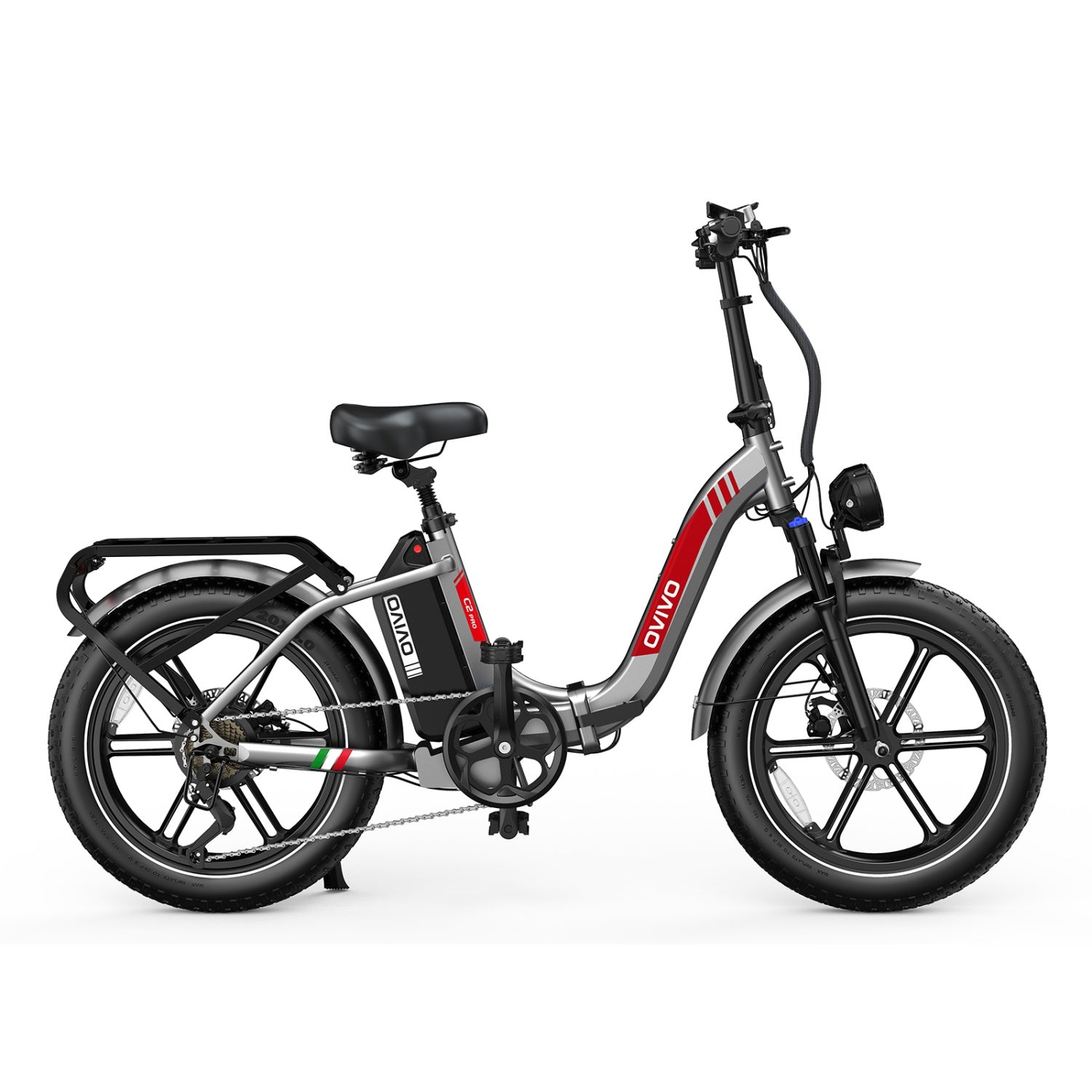 Bicicleta eléctrica plegable gris con neumáticos y llantas negras, acento de raya roja.