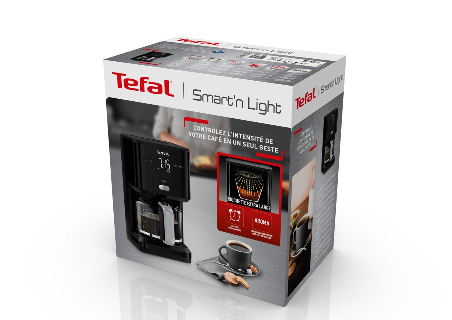 Cafetera Tefal Smart'n Light con panel de control, jarra y taza de café.