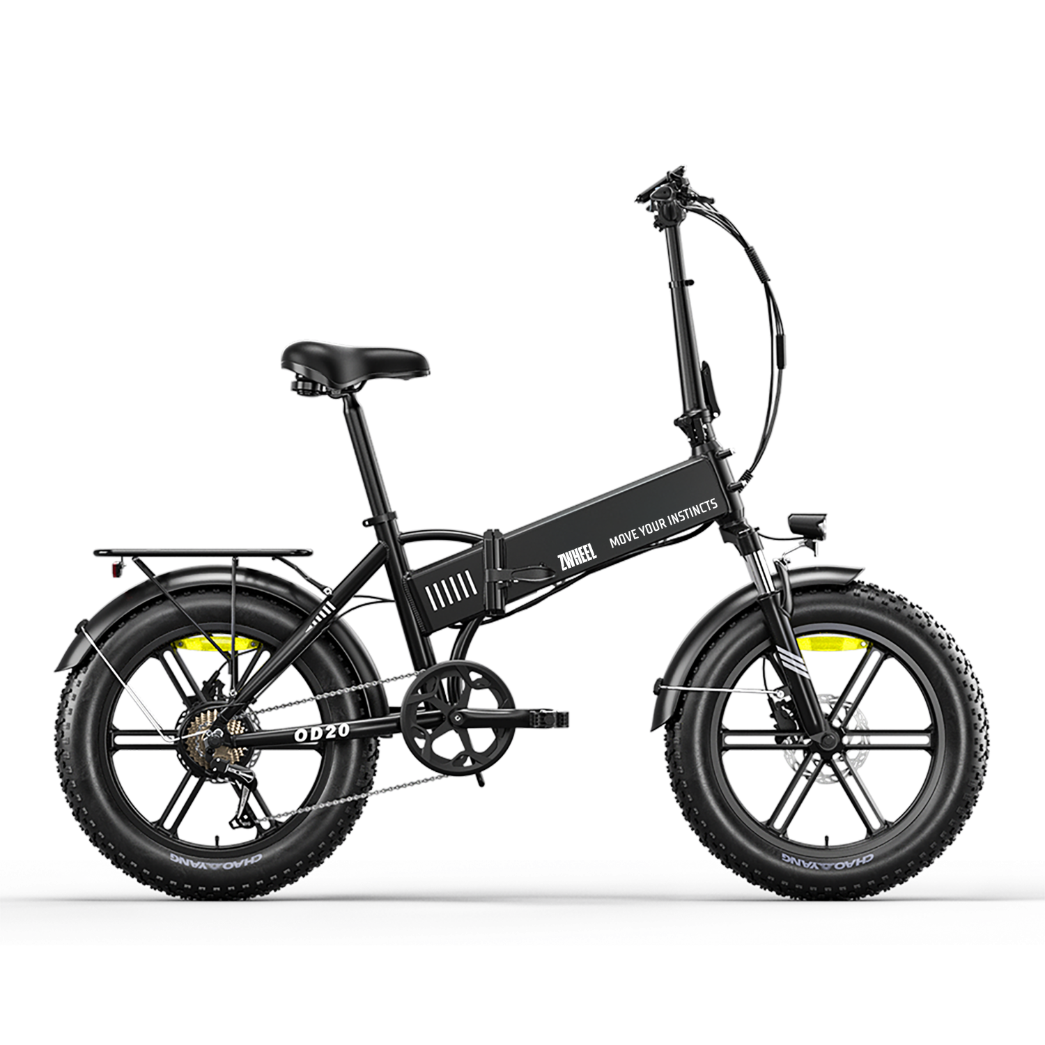 Bicicleta eléctrica plegable negra con neumáticos anchos y portaequipajes trasero.