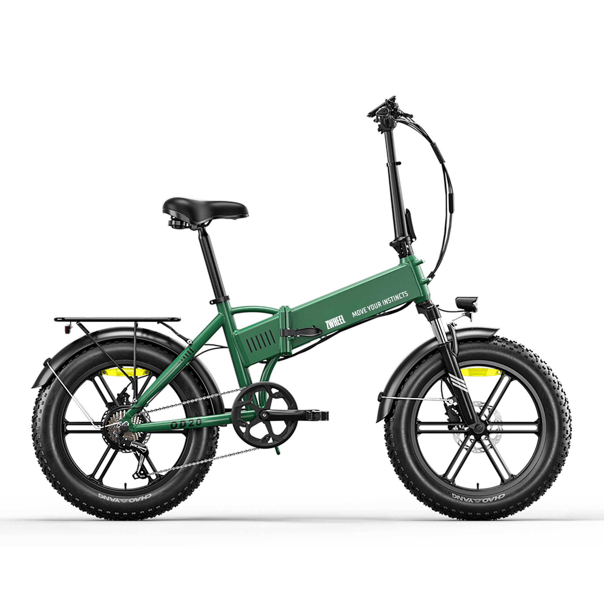 Una bicicleta eléctrica plegable verde con neumáticos anchos y portaequipajes.