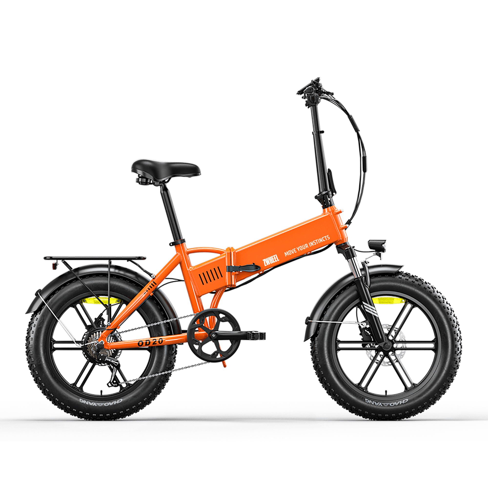 Bicicleta plegable naranja con neumáticos anchos y portaequipajes.