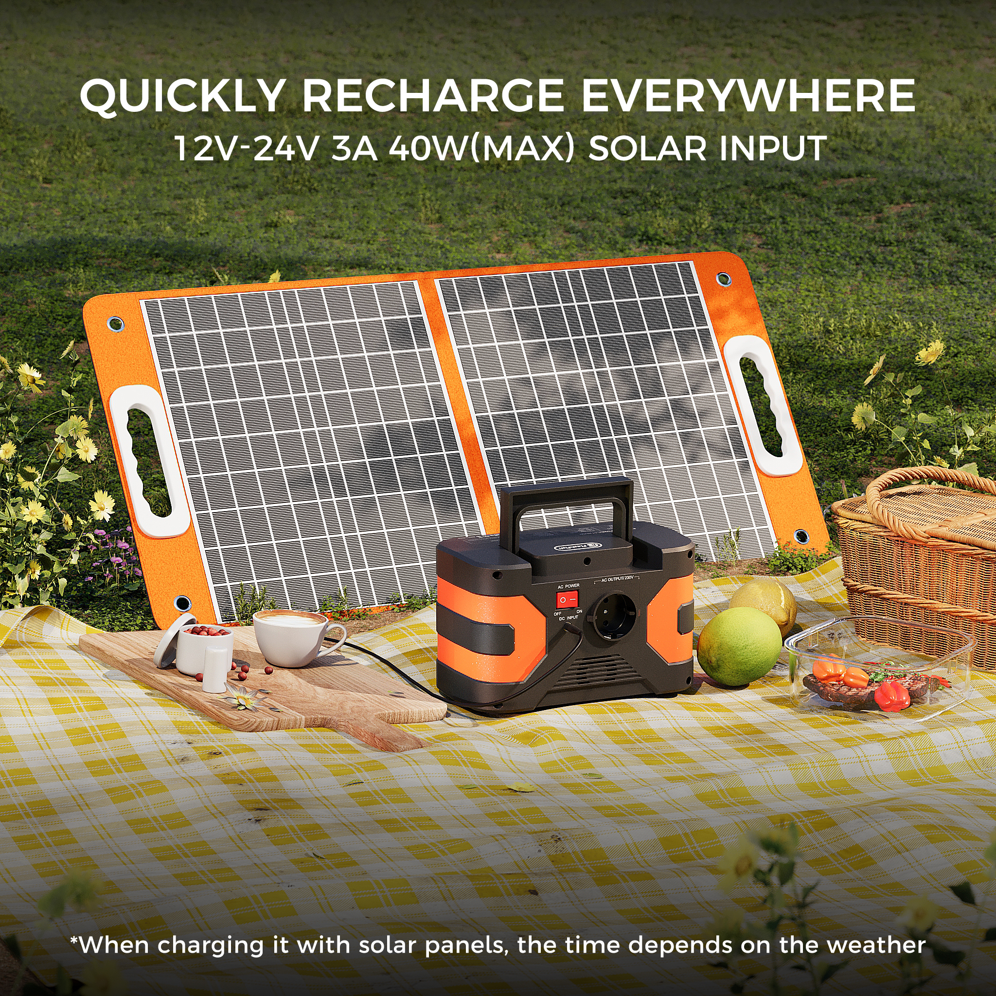 Una central eléctrica portátil y panel solar sobre una manta con frutas y café al aire libre.