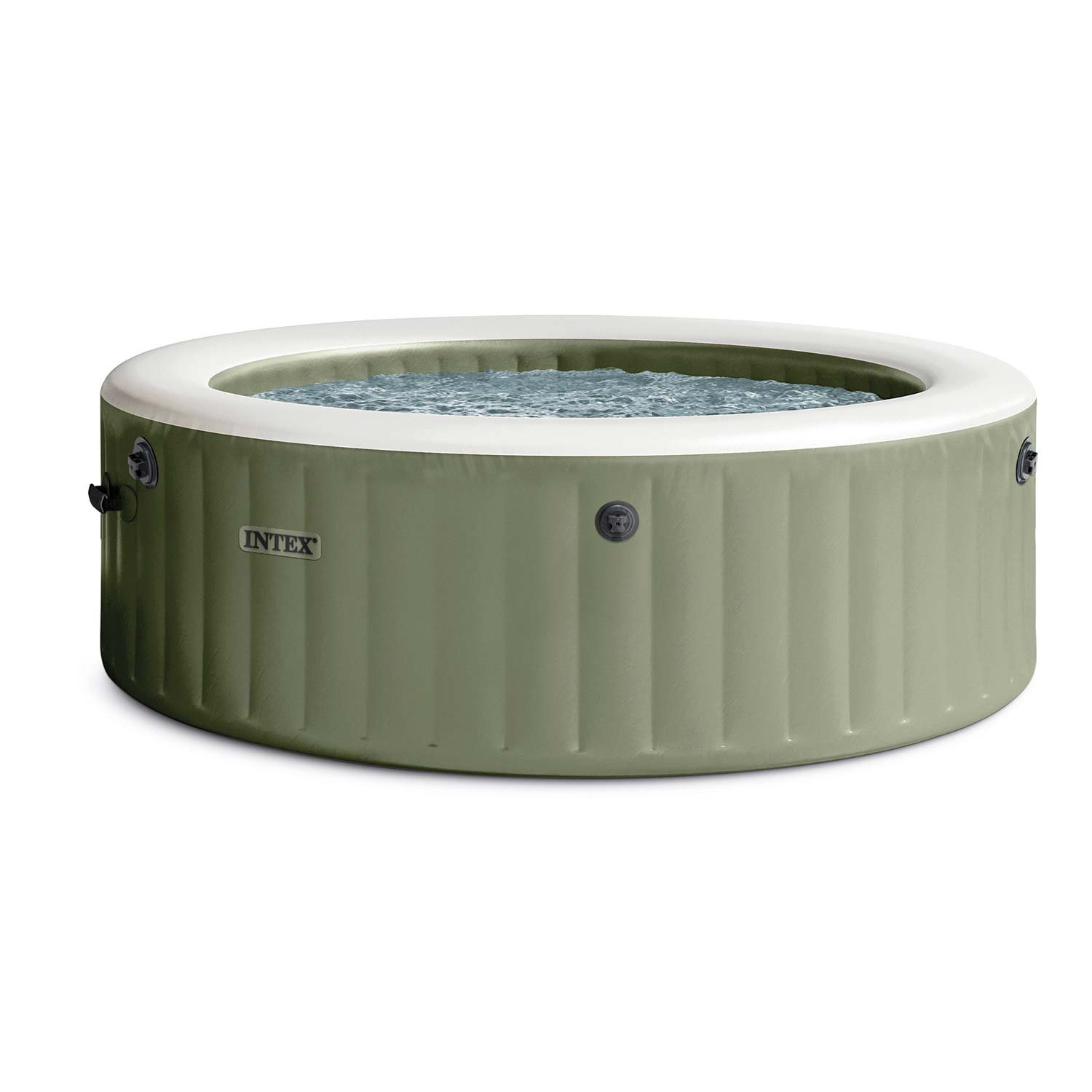Ein aufblasbarer grüner Intex Whirlpool mit weißer Zierleiste, gefüllt mit blauem Wasser.