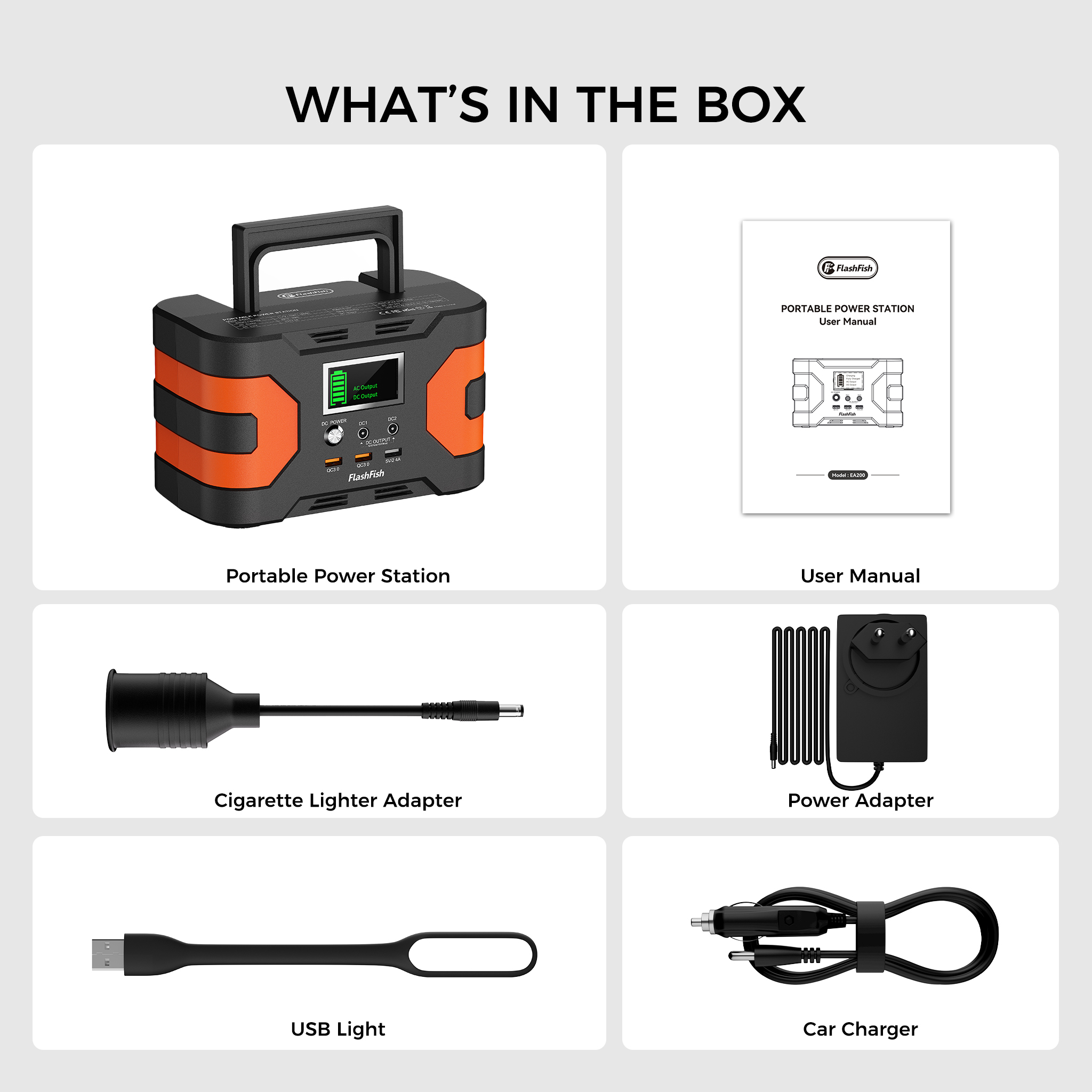 Contenido de la caja: estación de energía, manual, adaptador de encendedor, adaptador de corriente, luz USB, cargador de coche.