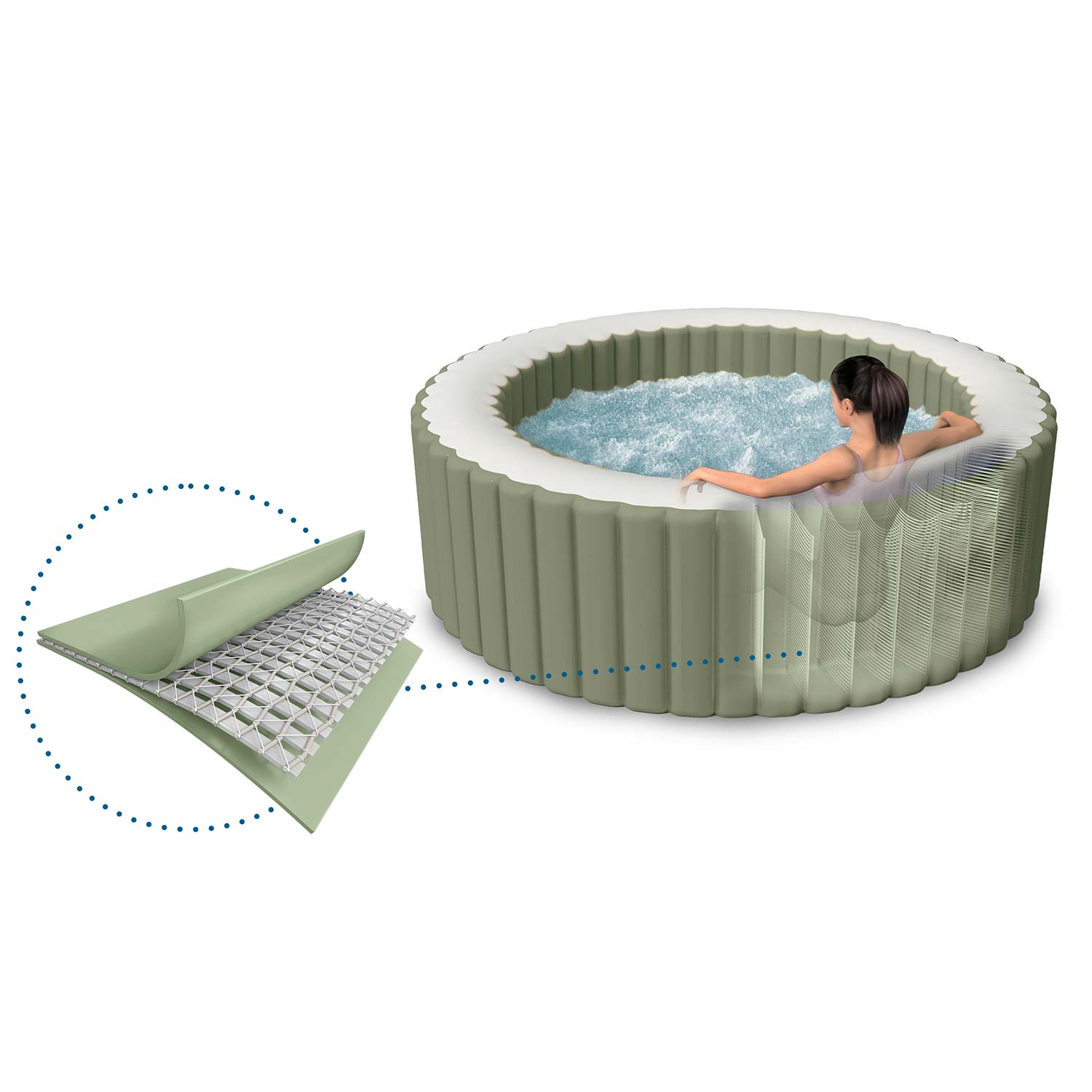 Eine Frau entspannt in einem aufblasbaren Whirlpool; Detailansicht des Materials.