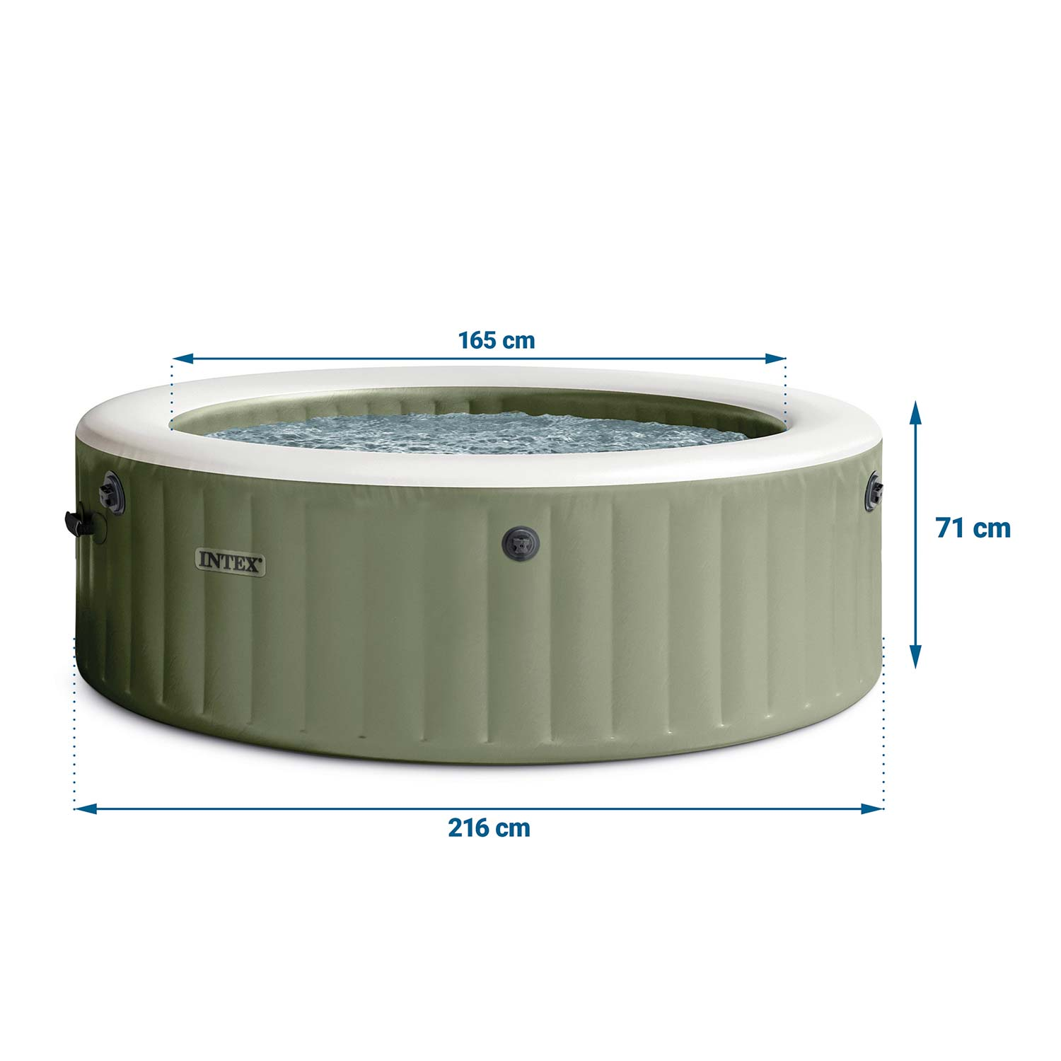 Aufblasbarer Whirlpool mit aufgedruckten Maßen: 216cm L, 165cm B, 71cm H.