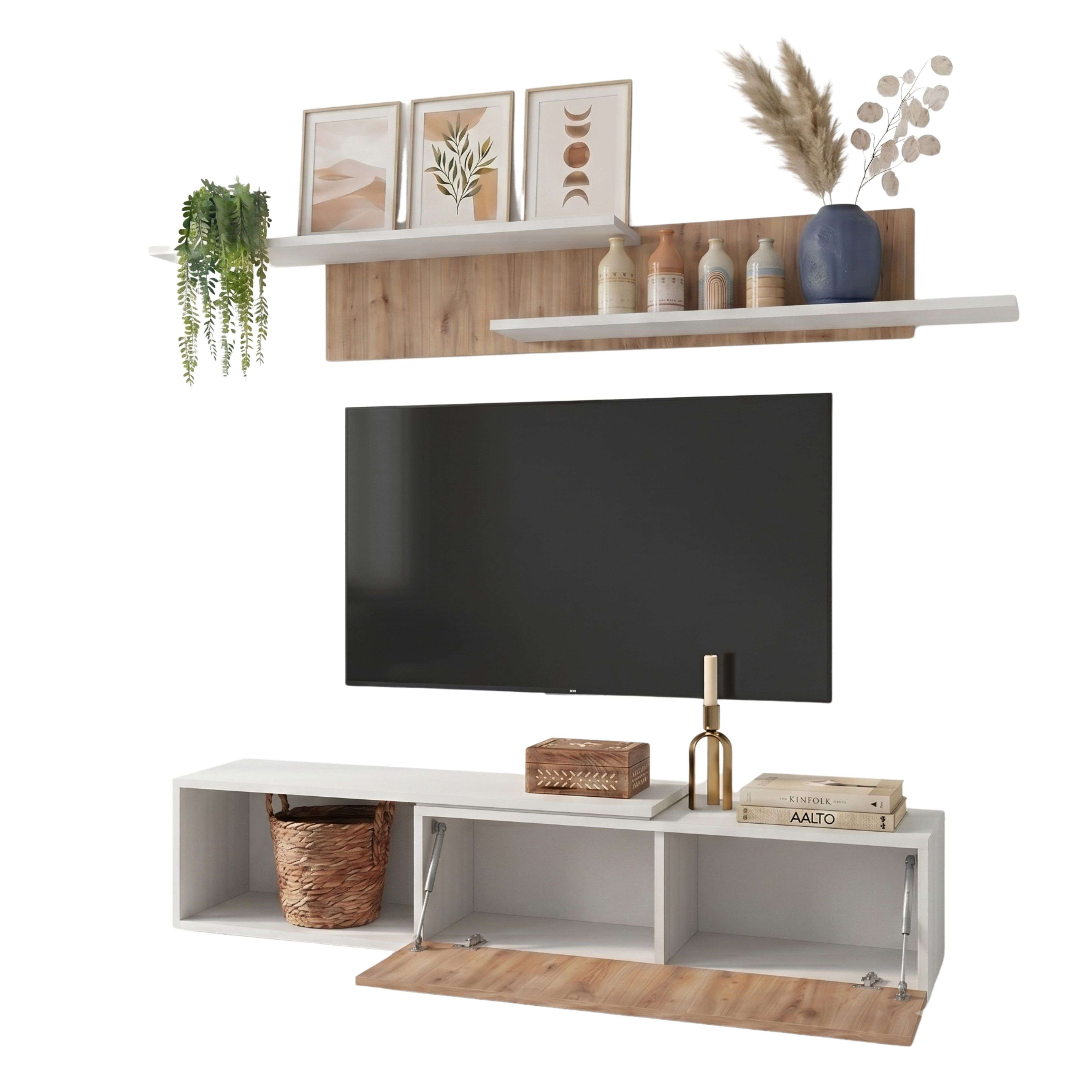 Un mueble de TV blanco con detalles de madera, TV negra y decoraciones.